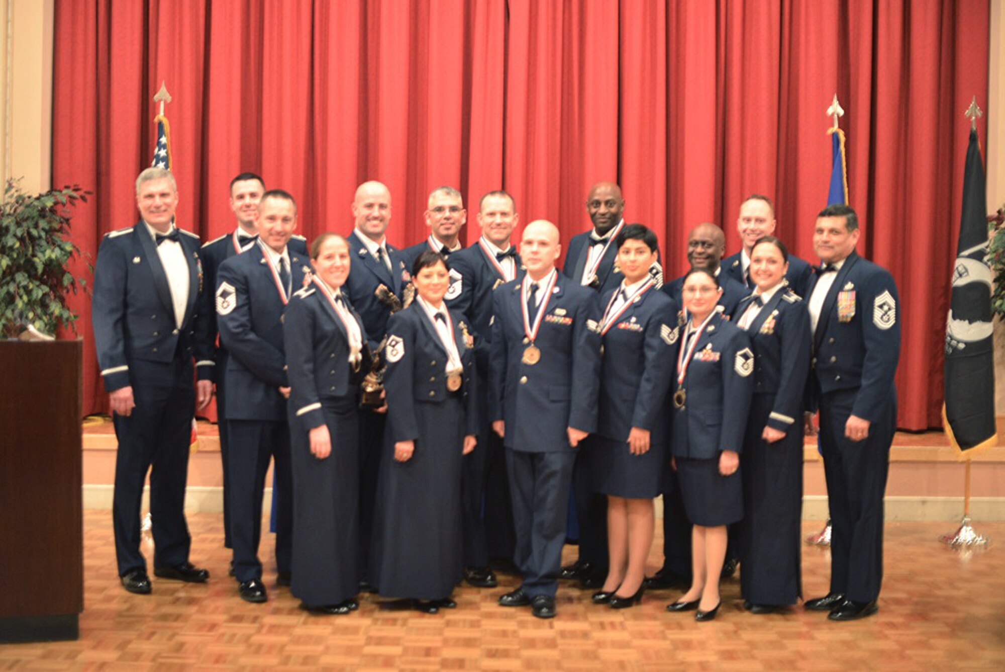 Prior to the awards banquet, the Medallion Ceremony kicked off the event with a medal presentation given to all quarterly award winners for the year. Col. Aaron Vangelisti, 433rd Airlift Wing, commander, along with the 433rd AW Command Chief, Chief Master Sgt. Emil Garza handed presented the medals. Close to 300 Airmen, honorary commanders and guests attended the 433rd Airlift Wing’s third Annual Awards Banquet at the Gateway Club, Joint Base San Antonio-Lackland, Feb.8. The event was hosted by the 443rd Airlift Wing First Sergeants Council.