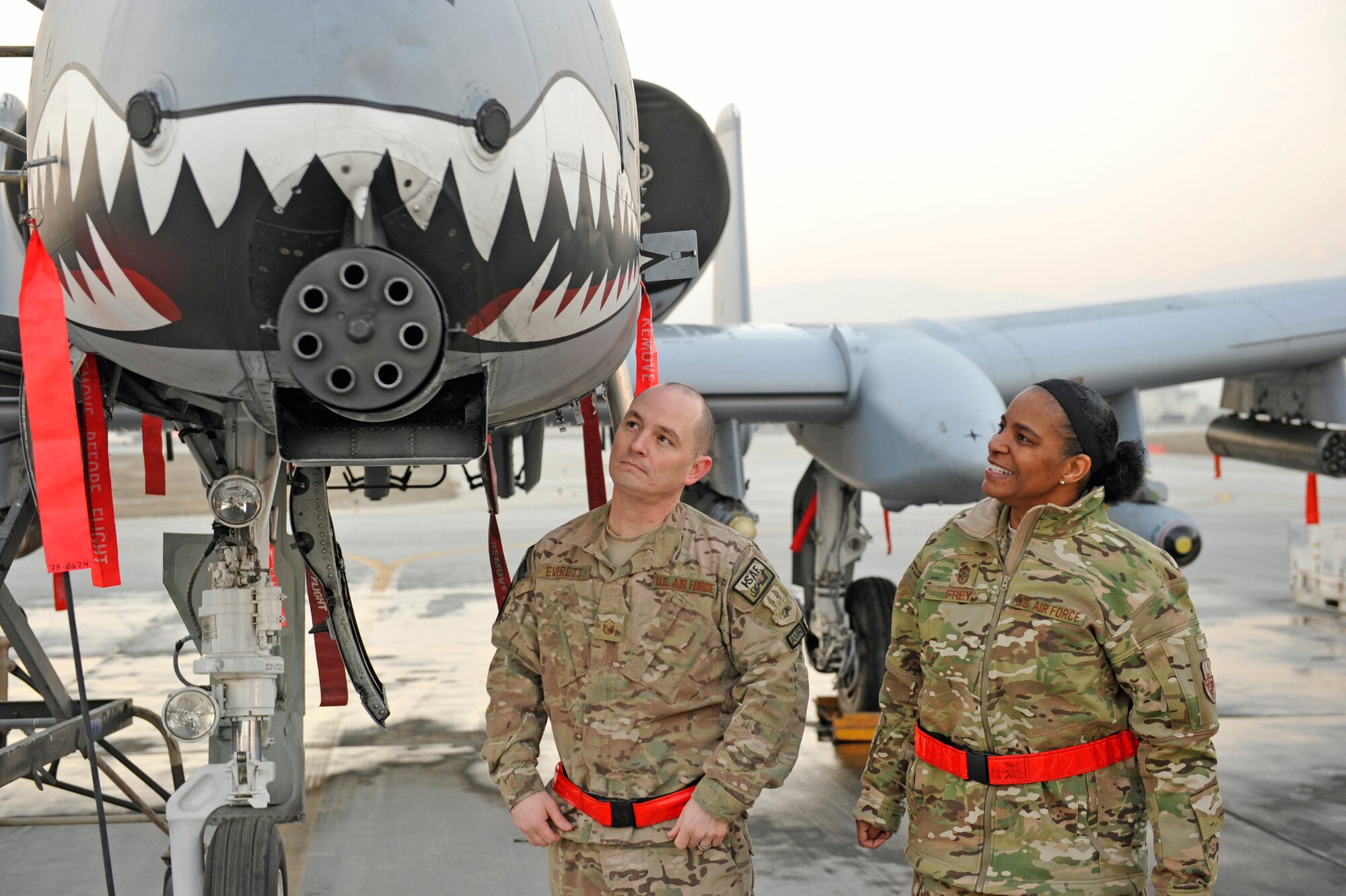Air Force Central Command’s Command Chief Master Sgt. Shelina Frey receives a tour of an A-10 Warthog at Bagram Airfield, Afghanistan, while a maintainer briefs her about how it is an aircraft that was built around a gun, Feb. 12, 2014. Frey is touring bases in Afghanistan talking to Airmen and answering questions.(U.S. Air Force photo by Senior Master Sgt. Gary J. Rihn/Released)