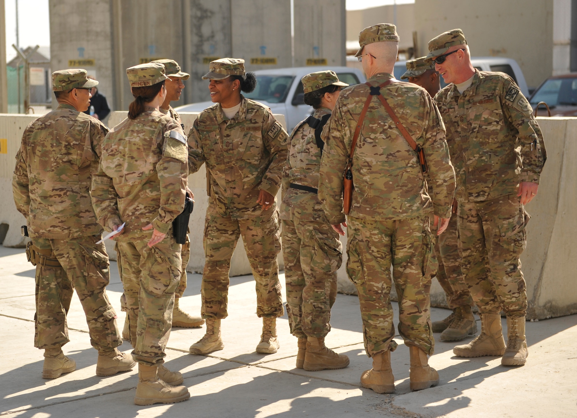 Air Force Central Command’s Command Chief Master Sgt. Shelina Frey listens to a question asked by an Airman during a luncheon at Bagram Airfield, Afghanistan, Feb. 12, 2014. Frey is touring bases in Afghanistan talking to Airmen and answering questions.(U.S. Air Force photo by Senior Master Sgt. Gary J. Rihn/Released)