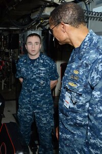 BANGOR, Wash. (Feb. 13, 2014) Commander of U.S. Strategic Command Adm. Cecil Haney, right, speaks with Sonar Technician Submarine 2nd Class Benjamin Stull, left, of USS Henry M. Jackson (SSBN 730) Blue crew in the submarine&#039;s Sonar Room. Haney visited Henry M. Jackson as part of his visit the Pacific Northwest strategic deterrence force, thanking them for their service and stressing the importance of their contributions to our nation&#039;s strategic deterrence mission. (U.S. Navy photo by Chief Mass Communication Specialist Ahron Arendes/Released)