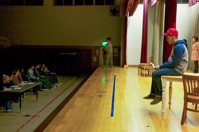 Judges critique Matthew C. Perry High School thespians as they showcase their theatrical talents to parents and community members at the M.C. Perry Elementary School Gymnasium aboard Marine Corps Air Station Iwakuni, Japan, Feb. 8, 2014, as a rehearsal for the 2014 Far East Drama Festival. The students acted out a scene from Lin Coghlan’s “The Miracle.” The 2014 Far East Drama Festival consists of 13 Department of Defense Education Activity Pacific schools where students present their performance in a one act play with all cast members participating, followed by two individual events being either a monologue, a duet, or a trio scene. 