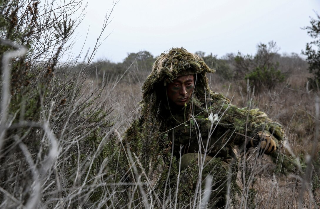 A soldier from the Japan Ground Self-Defense Force clips vegetation to camouflage his ghillie suit while conducting a stalk exercise with 1st Marine Division Schools during Exercise Iron Fist 2014 aboard Camp Pendleton, Calif., Feb. 11, 2014. Iron Fist is an amphibious exercise that brings together Marines and sailors from the 15th Marine Expeditionary Unit, other I Marine Expeditionary Force units, and soldiers from the JGSDF, to promote military interoperability and hone individual and small-unit skills through challenging, complex and realistic training. (U.S. Marine Corps photo by Cpl. Emmanuel Ramos/Released)