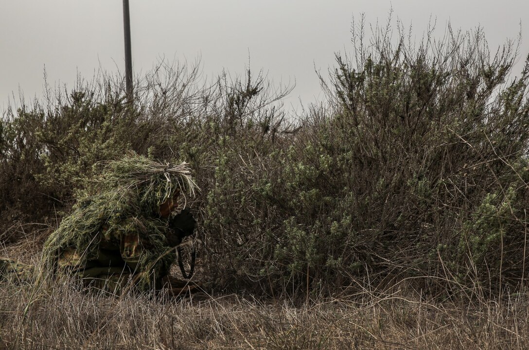A soldier from the Japan Ground Self-Defense Force observes his target while conducting a stalk exercise with 1st Marine Division Schools during Exercise Iron Fist 2014 aboard Camp Pendleton, Calif., Feb. 11, 2014. Iron Fist is an amphibious exercise that brings together Marines and sailors from the 15th Marine Expeditionary Unit, other I Marine Expeditionary Force units, and soldiers from the JGSDF, to promote military interoperability and hone individual and small-unit skills through challenging, complex and realistic training. (U.S. Marine Corps photo by Cpl. Emmanuel Ramos/Released)