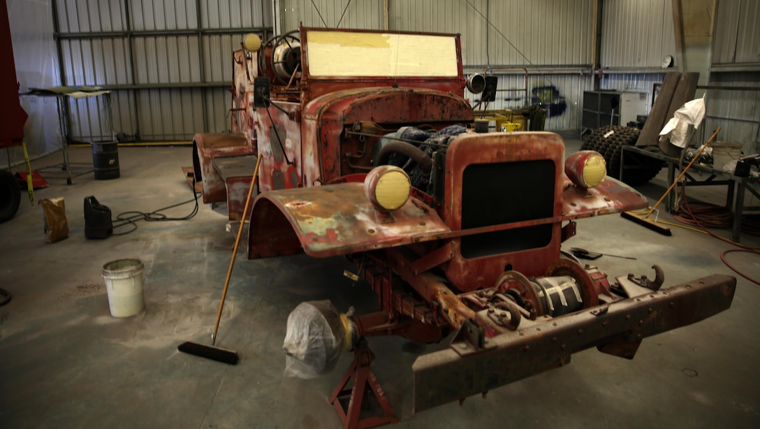 A 1944 International Harvester FFN-3 fire and crash crew engine waits for restoration at the Flying Leatherneck Aviation Museum warehouse aboard Marine Corps Air Station Miramar, Calif., Feb. 12. This particular fire engine was first used to fight fire aboard Marine Corps Air Station El Toro, Calif., in 1944, making it a piece of MCAS Miramar’s illustrious history.
