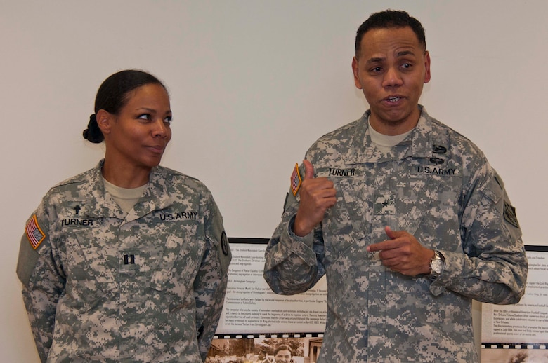 South Pacific Division Commander Brig. Gen. C. David Turner thanks his younger sister, Army Chaplain Cynthia Turner, for attending the district’s Black History Month event held at the Headquarters Building Feb. 11.