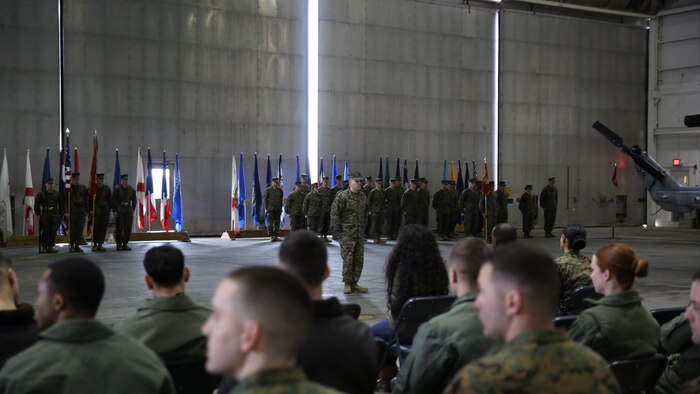 Sgt. Maj. Lynnette C. Marr-Gaye relieves Sgt. Maj. Marion L. Hammerschmidt Jr., as the Marine Light Attack Helicopter Squadron 269 sergeant major in a ceremony at the squadron's hangar, Feb. 13.