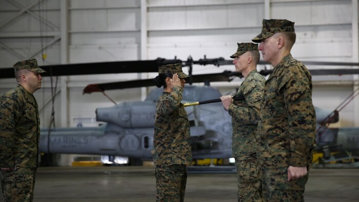Sgt. Maj. Lynnette C. Marr-Gaye relieves Sgt. Maj. Marion L. Hammerschmidt Jr., as the Marine Light Attack Helicopter Squadron 269 sergeant major in a ceremony at the squadron's hangar, Feb. 13.