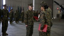 Sgt. Maj. Lynnette C. Marr-Gaye relieves Sgt. Maj. Marion L. Hammerschmidt Jr., as the Marine Light Attack Helicopter Squadron 269 sergeant major in a ceremony at the squadron's hangar, Feb. 13.