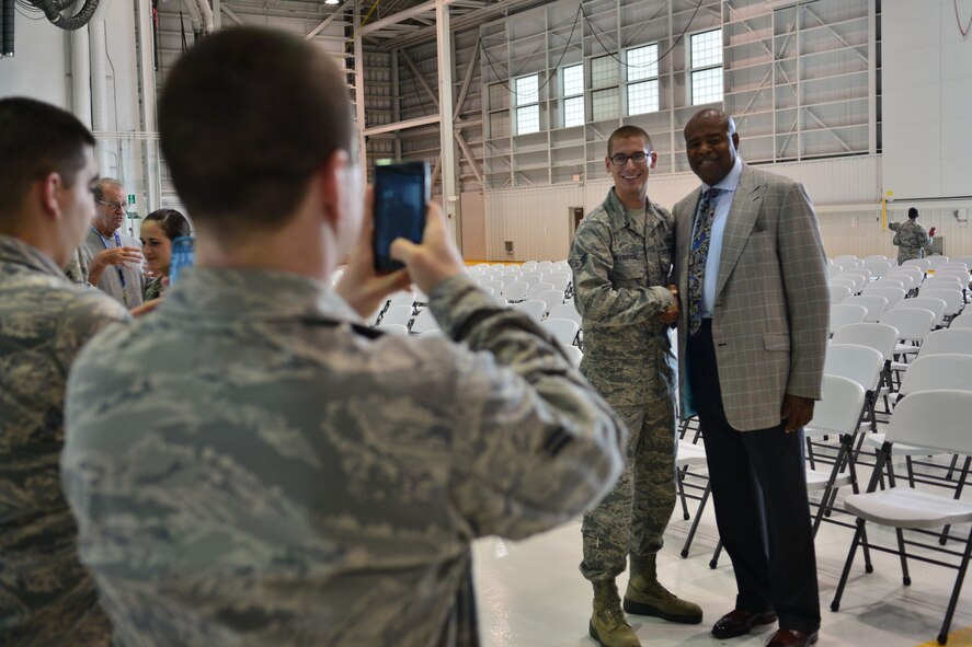 Famed actor Chi McBride poses for a picture during a guest appearance at Joint Base Pearl Harbor-Hickam, Hawaii, Feb. 14, 2014. While visiting with 15th Wing Airmen and civilians, McBride offered his thoughts on diversity, and shared personal anecdotes from his time as an actor, answered questions and posed for pictures. (U.S. Air Force Photo/Senior Airman Chris Stoltz)