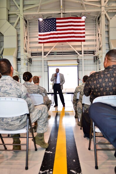 Famed actor Chi McBride speaks to 15th Wing Airmen and civilians about diversity during a guest appearance at Joint Base Pearl Harbor-Hickam, Hawaii, Feb. 14, 2014. In addition to his thoughts on diversity, McBride shared personal anecdotes from his time as an actor, answered questions and posed for pictures. (U.S. Air Force Photo/Senior Airman Chris Stoltz)