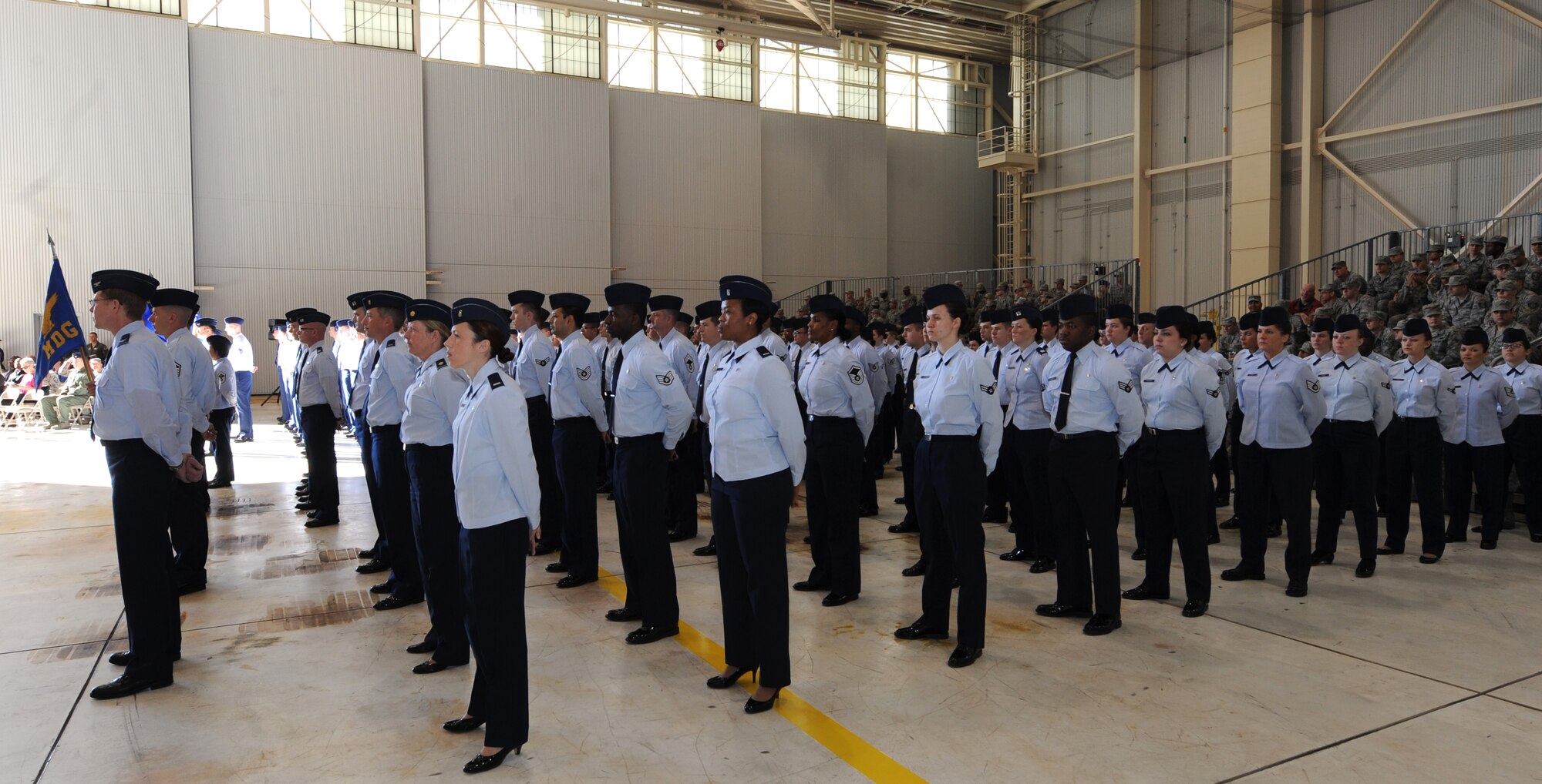 Airmen from the 7th Bomb Wing stand in formation during a change of command ceremony Feb. 14, 2014, at Dyess Air Force Base, Texas. Col. Michael Bob Starr, 7th Bomb Wing commander, inspected his new wing after accepting command. (U.S. Air Force photo by Airman 1st Class Kedesha Pennant)