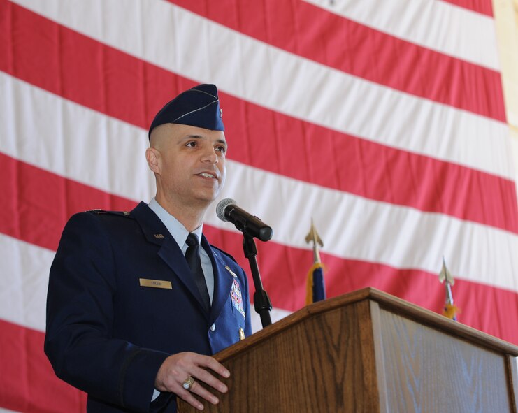 U.S. Air Force Col. Michael Bob Starr, 7th Bomb Wing commander, speaks at his change of command ceremony Feb. 14, 2014, at Dyess Air Force Base, Texas. The ceremony is a military tradition deeply rooted in history and dates back to the times of the Roman Legion. Modern day ceremonies are principally symbolic, yet still indicate to all the authority of the incoming commander. (U.S. Air Force Photo by Airman 1st Class Kedesha Pennant/Released)