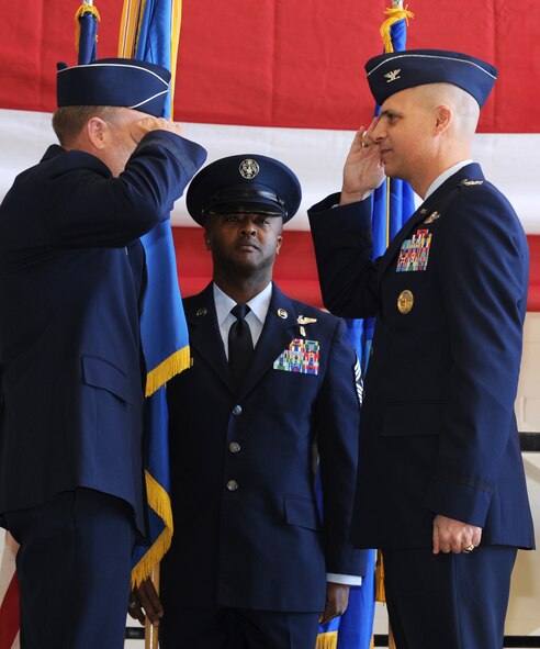 U.S. Air Force Lt. Gen Tod Wolters, left, 12th Air Force commander, returns salute to Col. Michael Bob Starr, 7th Bomb Wing commander, Feb. 14, 2014, at Dyess Air Force Base, Texas. Starr’s plan to continue Dyess’ legacy of success is outlined by his command philosophy and he ended the ceremony by letting the base know we aren’t only one of the oldest wings but also one of the very best. (U.S. Air Force Photo by Airman 1st Class Kedesha Pennant/Released)