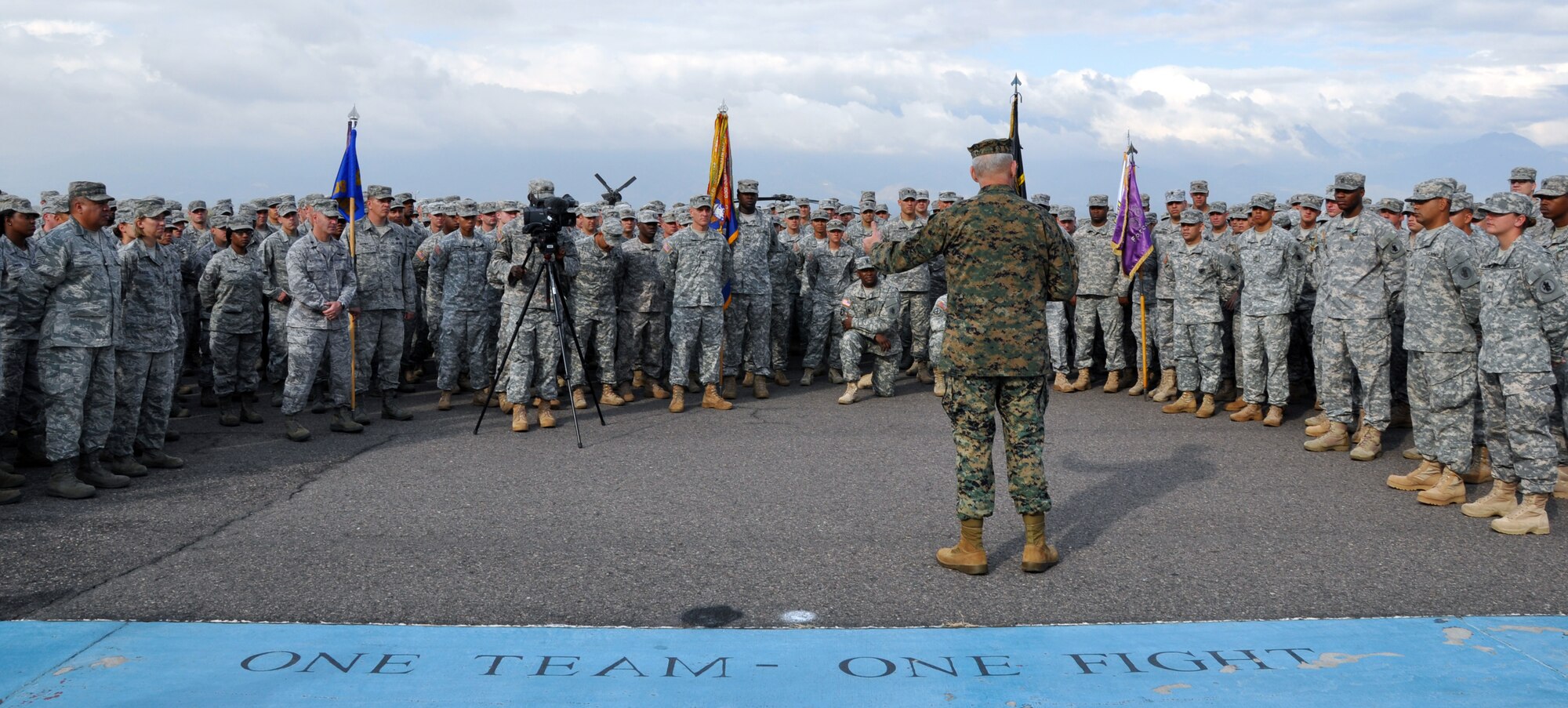 U.S. Marine Corps Gen. John F. Kelly, Commander, U.S. Southern Command, addresses the members of Joint Task Force-Bravo following a promotion and awards ceremony conducted on the flightline at Soto Cano Air Base, Honduras, Feb. 13, 2014. Kelly pinned new rank on six Task Force members who were promoted during the ceremony and presented medals, including the Army Commendation Medal, the Air Force Commendation Medal, and the Army Achievement Medal, to 18 members. (U.S. Air Force photo by Capt. Zach Anderson)




