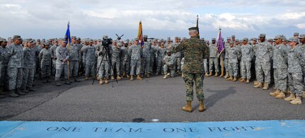 U.S. Marine Corps Gen. John F. Kelly, Commander, U.S. Southern Command, addresses the members of Joint Task Force-Bravo following a promotion and awards ceremony conducted on the flightline at Soto Cano Air Base, Honduras, Feb. 13, 2014. Kelly pinned new rank on six Task Force members who were promoted during the ceremony and presented medals, including the Army Commendation Medal, the Air Force Commendation Medal, and the Army Achievement Medal, to 18 members. (U.S. Air Force photo by Capt. Zach Anderson)




