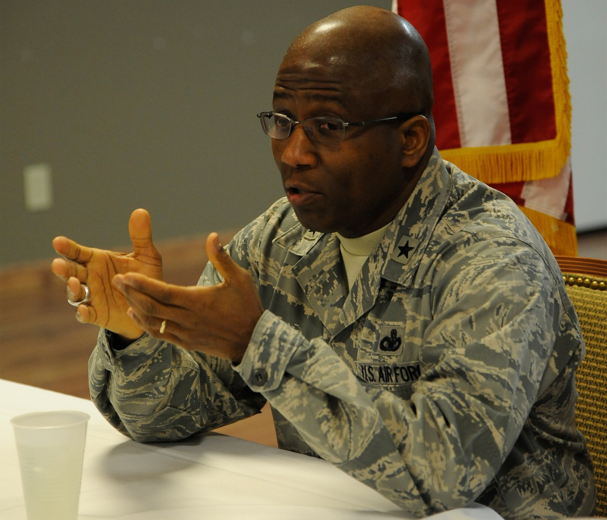 Brig. Gen. Allen Jamerson, director of security forces, speaks during a luncheon at the Aces High Entertainment and Bowling Center on Feb. 10.While speaking with security forces officers, Jamerson shared some of his past military experiences, which he believed helped make him a good leader throughout his career. (U.S. Air Force photo/Airman 1st Class Collin Schmidt)