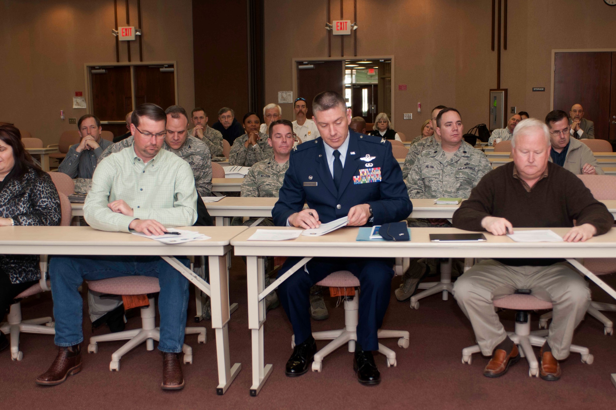 ALTUS AIR FORCE BASE, Okla. – Leaders from Altus AFB and the city of Altus sign the Air Force Community Partnership Initiative at the Western Oklahoma State College Southwest Technology Center Feb. 12, 2014. The Air Force Community Partnership Initiative is an outline for installation and community leaders to cultivate innovative ways to influence their capabilities and resources to reduce costs and risks by finding common value. (U.S. Air Force photo by Senior Airman Jesse Lopez/Released) 