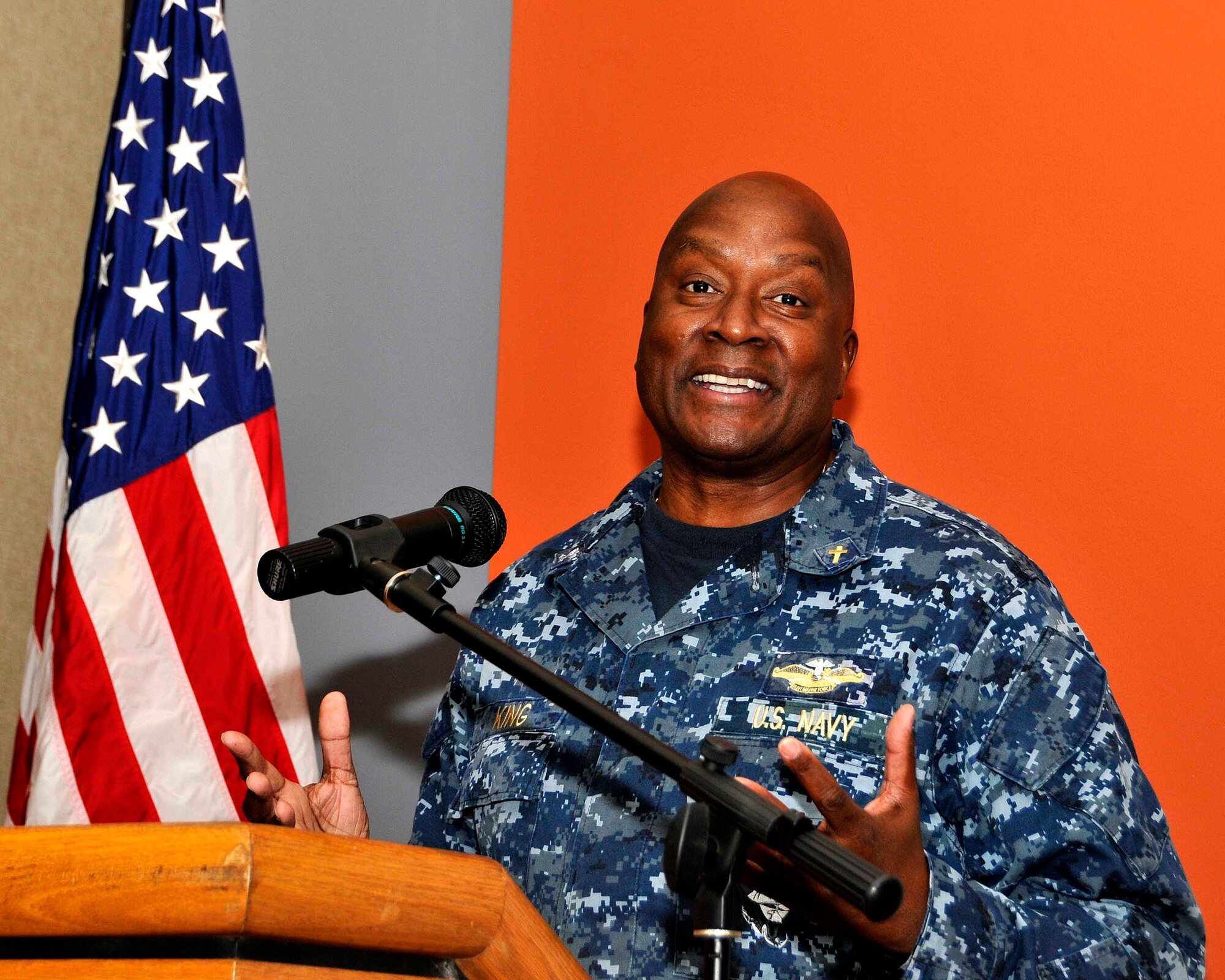 Navy Captain Ronnie King, command chaplain for  U. S. Southern Command in Doral, Fla., speaks to the audience at a prayer breakfast at Homestead Air Reserve Base, Fla., Feb. 09. (U.S. Air Force photo by/Senior Airman Aja Heiden)