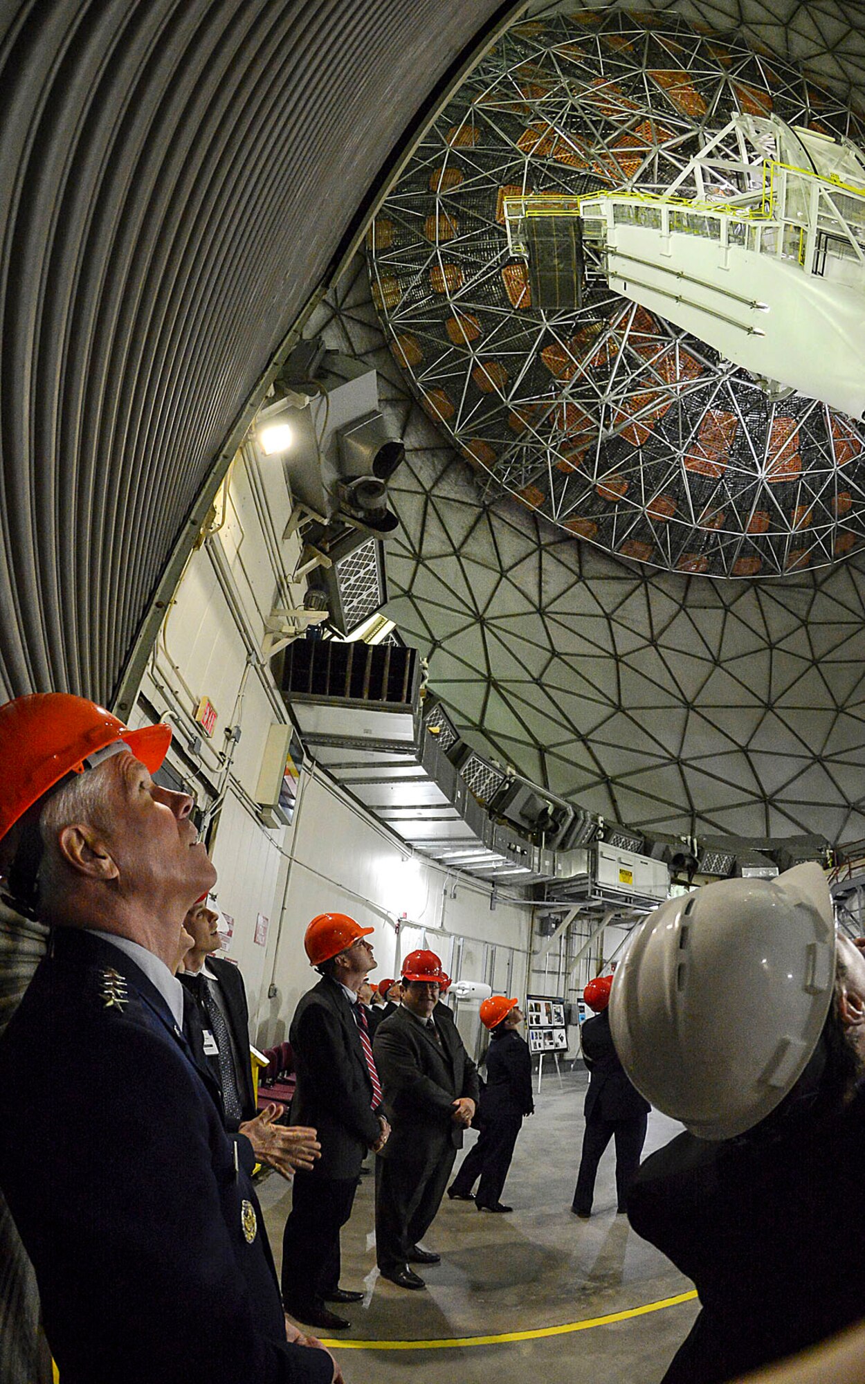 WESTFORD, Mass. - Gen. William Shelton, Air Force Space Command commander, along with officials from Hanscom's Haystack Ultra-wideband Satellite Imaging Radar program office and MIT Lincoln Laboratory view the HUSIR system Feb. 11 following a ribbon cutting to celebrate the completion of a significant upgrade. The improvements add W-band capabilities to the existing X-band capabilities, allowing for enhanced identification of objects in space. (U.S. Air Force photo by Walter Santos)