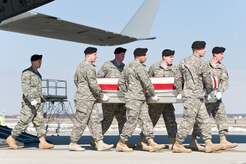 A U.S. Army carry team transfers the remains of Army Spc. John A. Pelham of Portland, Ore., Feb. 14, 2014 at Dover Air Force Base, Del. Pelham was assigned to the 2nd Battalion, 3rd Special Forces Group (Airborne), Fort Bragg, N.C. (U.S. Air Force photo/Roland Balik)