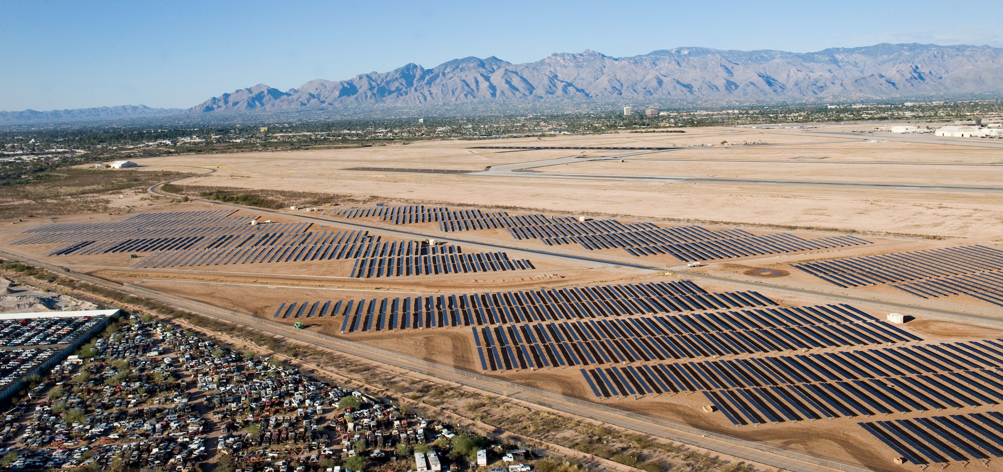 Solar panels collect sunlight at Davis-Monthan Air Force Base, Ariz. The Davis-Monthan solar array project is placed on 170 acres of underutilized land, making this the largest of its kind on any U.S Department of Defense installation. The Air Force has stated a goal to increase renewable energy consumption to 25 percent throughout the Air Force by 2025. (U.S. Air Force photo by 1st Lt Sarah Ruckriegle/released)