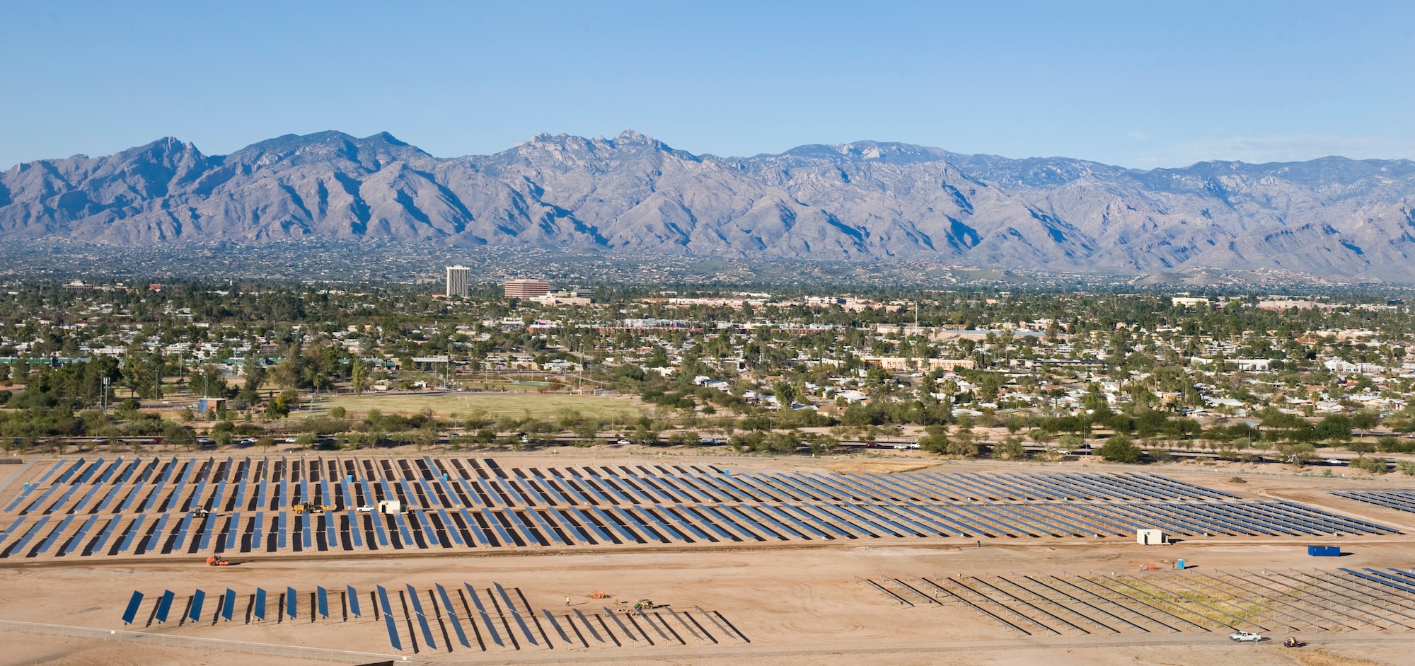 Solar panels collect sunlight at Davis-Monthan Air Force Base, Ariz. The Davis-Monthan solar array project is placed on 170 acres of underutilized land, making this the largest of its kind on any U.S Department of Defense installation. The Air Force has stated a goal to increase renewable energy consumption to 25 percent throughout the Air Force by 2025. (U.S. Air Force photo by 1st Lt Sarah Ruckriegle/released)