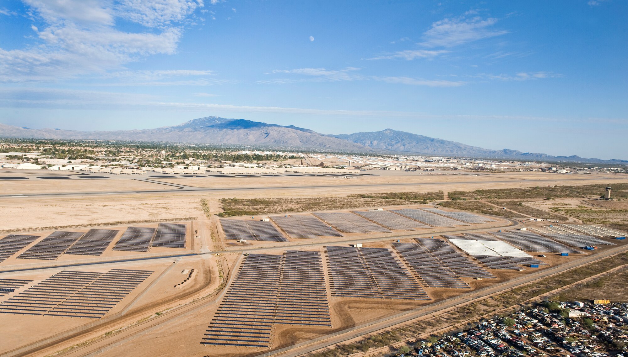 Solar panels collect sunlight at Davis-Monthan Air Force Base, Ariz. The Davis-Monthan solar array project is placed on 170 acres of underutilized land, making this the largest of its kind on any U.S Department of Defense installation. The Air Force has stated a goal to increase renewable energy consumption to 25 percent throughout the Air Force by 2025. (U.S. Air Force photo by 1st Lt Sarah Ruckriegle/released)