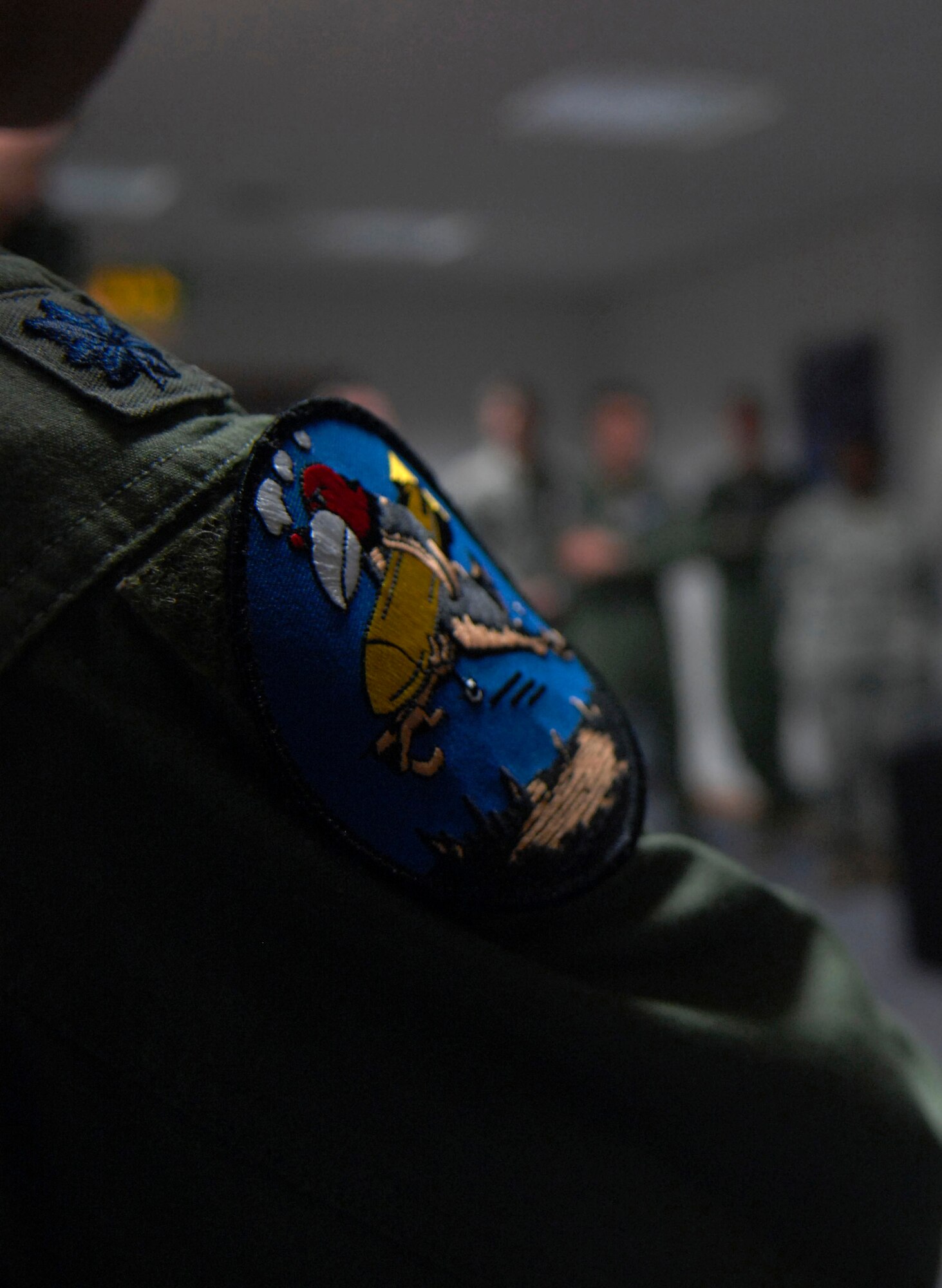 U.S. Air Force Lt. Col. Timothy Kuehne, 351st Air Refueling Squadron commander from Woodbridge, Va., wears a 351st Bomb Squadron patch during roll call Feb. 7, 2014, on RAF Mildenhall, England. Mission-certified 351st ARS Airmen wear the patch on Fridays in remembrance of the 351st BS and its role during World War II. (U.S. Air Force photo by Senior Airman Micaiah Anthony/Released)