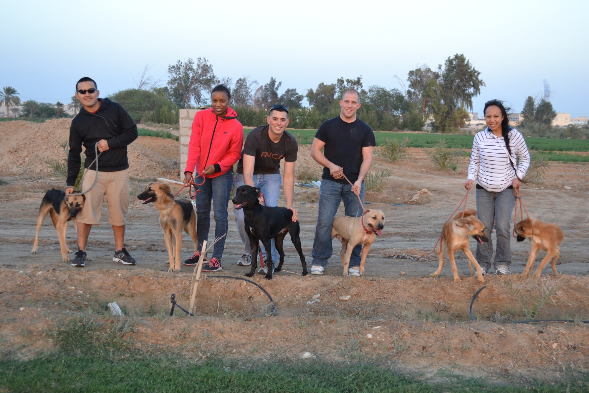 Airmen deployed to Al Udeid Air Base, Qatar volunteered their time, Feb. 9, 2014, to help a local rescue, no-kill shelter, the Qatar Animal Welfare Society, by taking several dogs on walks around Doha.  The six volunteers walked seven dogs each over a three hour time period, providing care to 35% of the canines that day.  Q.A.W.S. and its furry residents are always in need of donations of any kind:  food, leashes, collars, toys, cleaning supplies and so much more.  Anyone interested in making a donation should visit www.qaws.org to see how you can make a difference.  (U.S. Air Force Photo by Maj. Nicole David)