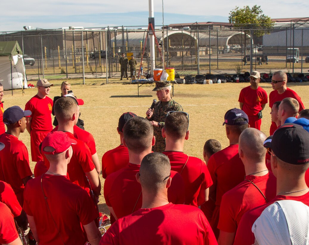 The 35th commandant of the Marine Corps, General James F. Amos, addresses "The Commandant's Own," The United States Marine Drum & Bugle Corps on February 13, 2014. The Drum & Bugle Corps along with the Silent Drill Platoon and Official Color Guard of the Marine Corps train for their upcoming Battle Color Ceremonies at Marine Corps Air Station Yuma, AZ. (U.S. Marine Corps photo by SSgt. Oscar L. Olive IV)(RELEASED)
