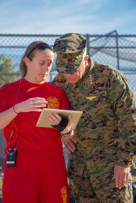 The 35th commandant of the Marine Corps, General James F. Amos, reviews the drill procedures with Sgt. Courtney Lawrence of "The Commandant's Own," The United States Marine Drum & Bugle Corps on February 13, 2014. The Drum & Bugle Corps along with the Silent Drill Platoon and Official Color Guard of the Marine Corps train for their upcoming Battle Color Ceremonies at Marine Corps Air Station Yuma, AZ. (U.S. Marine Corps photo by SSgt. Oscar L. Olive IV)(RELEASED)

Read more: http://www.dvidshub.net/image/1167798/commandant-visits-drum-bugle-corps-mcas-yuma#.Uv_N4qVU_nY#ixzz2tQO6RAdo