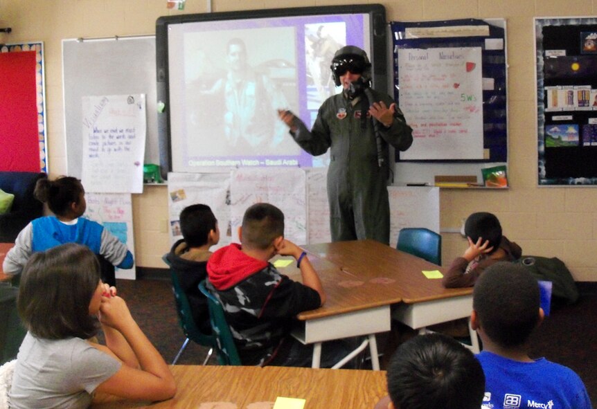 Lt. Col. Toby Brallier speaks with local students at Fort Smith (Ark.) Sutton Elementary School during the school’s career day. Brallier is a pilot with the 184th Fighter Squadron. Brallier spoke to the class as part of the Fort Smith School District’s Partners in Education program. The 188th Fighter Wing has been Sutton’s partner for more than 20 years. (U.S. Air National Guard photos by Maj. Heath Allen) (Courtesy photo)