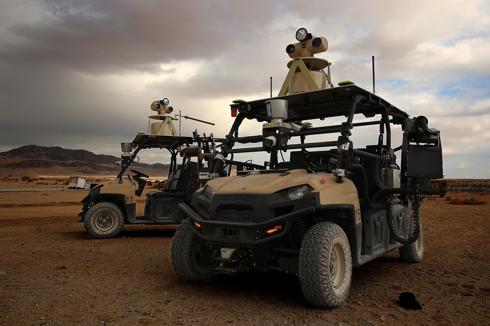 The Mobile Detection Assessment Response System surveys the area around the Combat Center's Expeditionary Airfield, Feb. 6, 2014. The MDARS can be equipped with weapon systems and can be adapted to the needs of the Air Base Ground Defense.