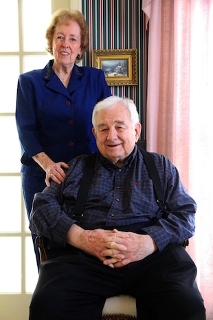 Dick Govoni and his wife of 56 years, Marguerite, pose for a photo Jan. 16, at their home in Fredericksburg, Va. Govoni retired Jan. 3, after 63 years of combined service in the Marine Corps and federal government. A retired Marine Corps pilot, Govoni enlisted in the Marine Corps in 1948 and commissioned in 1953. He came to work for Marine Corps Systems Command in 1991 to help establish the government-furnished property office, and retired in 2014 at age 84. 