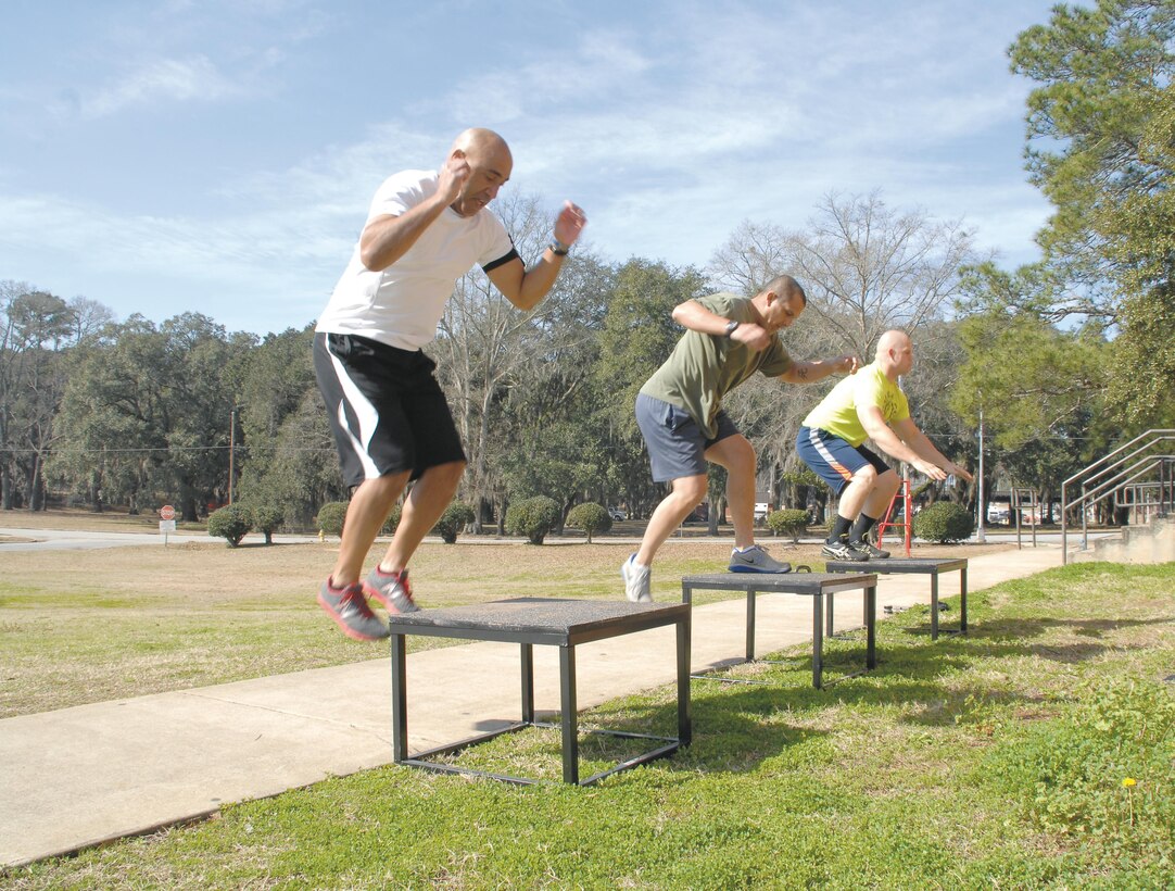Marine Corps Systems Command Marines conduct a 24-inch vertical box jump during strength and endurance circuit training here, Feb. 7.