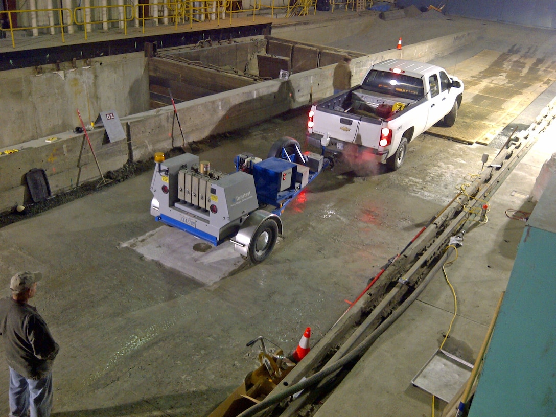 The heavy weight deflectometer (HWD) tests expedient concrete repair at subfreezing temperatures in the FERF at ERDC-CRREL.