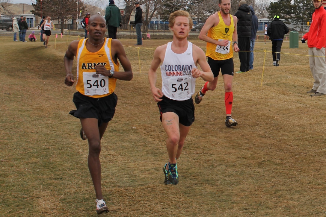 Army Specialist Elkanah Kibet Ft Bragg, NC wins men's gold at the 2014 Armed Forces Cross Country Championship held in conjunction with the USA Track and Field Cross Country Championship in Boulder, CO on 15 February.  