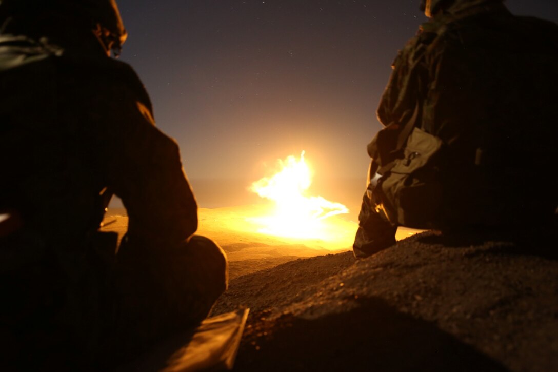 U.S. Marines with 1st Air Naval Gunfire Liaison Company and soldiers from the Japan Ground Self-Defense Force watch illumination rounds during Exercise Iron Fist 2014 aboard San Clemente Island, Calif., Feb. 13, 2014. Iron Fist 2014 is an amphibious exercise that brings together Marines and sailors from the 15th Marine Expeditionary Unit, other I Marine Expeditionary Force units, and soldiers from the JGSDF, to promote military interoperability and hone individual and small-unit skills through challenging, complex and realistic training. (U.S. Marine Corps photo by Lance Cpl. Anna K. Albrecht/Released)