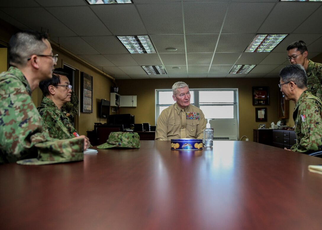 U.S. Marine Lt. Gen. John A. Toolan, center commanding general, I Marine Expeditionary Force, , meets with Lt. Gen. Hirotaka Yamashita, left, vice chief of staff, Japan Ground Self-Defense Force and other officers with JGSDF during Exercise Iron Fist 2014 aboard Camp Pendleton, Calif., Feb. 14. Iron Fist is an amphibious exercise that brings together Marines and sailors from the 15th Marine Expeditionary Unit, other I Marine Expeditionary Force units, and soldiers from the JGSDF, to promote military interoperability and hone individual and small-unit skills through challenging, complex and realistic training. (U.S. Marine Corps photo by Cpl. Emmanuel Ramos/Released)