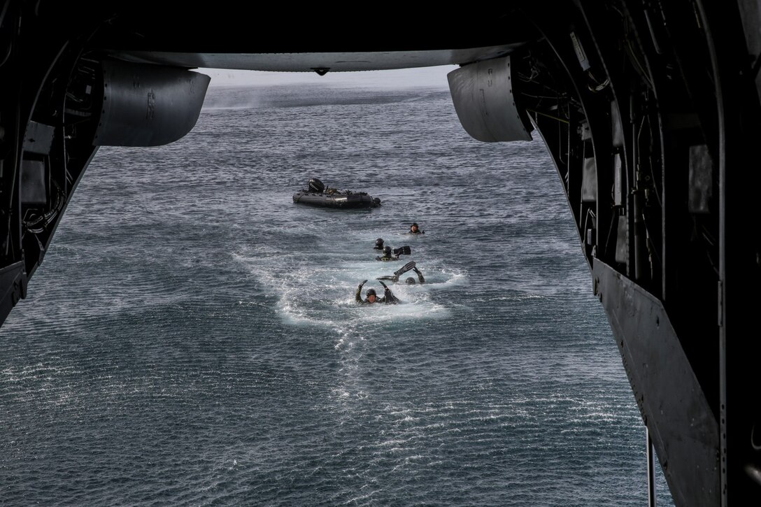 Soldiers with the Japan Ground Self-Defense Force give the all clear sign after jumping out of a CH-46E Sea Knight while conducting helocast training with 1st Reconnaissance Battalion, 1st Marine Division, during Exercise Iron Fist 2014 aboard Camp Pendleton, Calif., Feb. 15, 2014. Iron Fist is an amphibious exercise that brings together Marines and sailors from the 15th Marine Expeditionary Unit, other I Marine Expeditionary Force units, and soldiers from the JGSDF, to promote military interoperability and hone individual and small-unit skills through challenging, complex and realistic training. (U.S. Marine Corps photo by Cpl. Emmanuel Ramos/Released)
