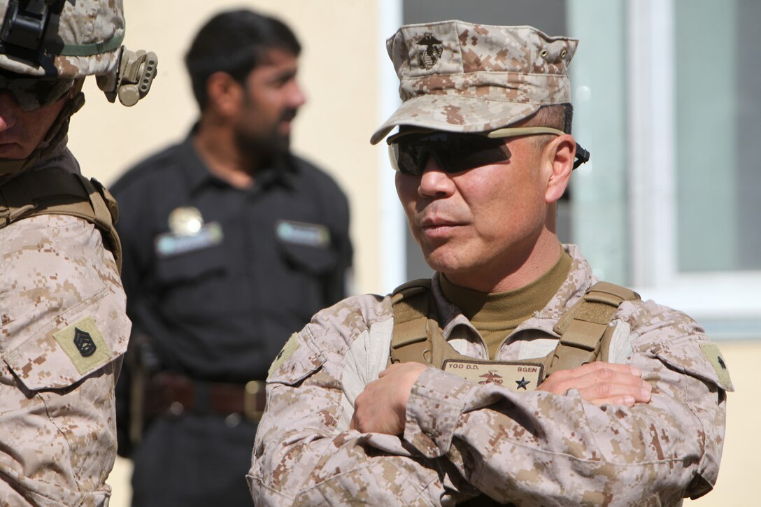 Brigadier Gen. Daniel D. Yoo, commanding general of Regional Command (Southwest), prepares to leave following a shura at the Provincial Police Headquarters at Lashkar Gah, Helmand province, Afghanistan, Feb. 10, 2014. Brigadier Gen. Yoo attended the shura to show support to the Afghan National Security Forces as they plan how to best provide security for the upcoming Afghan national elections.
