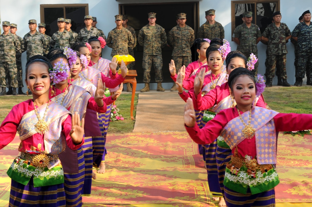 Students of Wattatakian School in Mueang district play instruments and dance for guests of a dedication ceremony in Phitsanulok province, Kingdom of Thailand, Feb. 18, 2014. The school hosted an engineering and civic assistance project during Exercise Cobra Gold 2014, a multinational exercise that promotes regional partnership, prosperity and security in the Asia-Pacific region. The project has seen cooperation from members of the Royal Thai Army, People’s Liberation Army and U.S. Marines to build a new multipurpose building for the school.