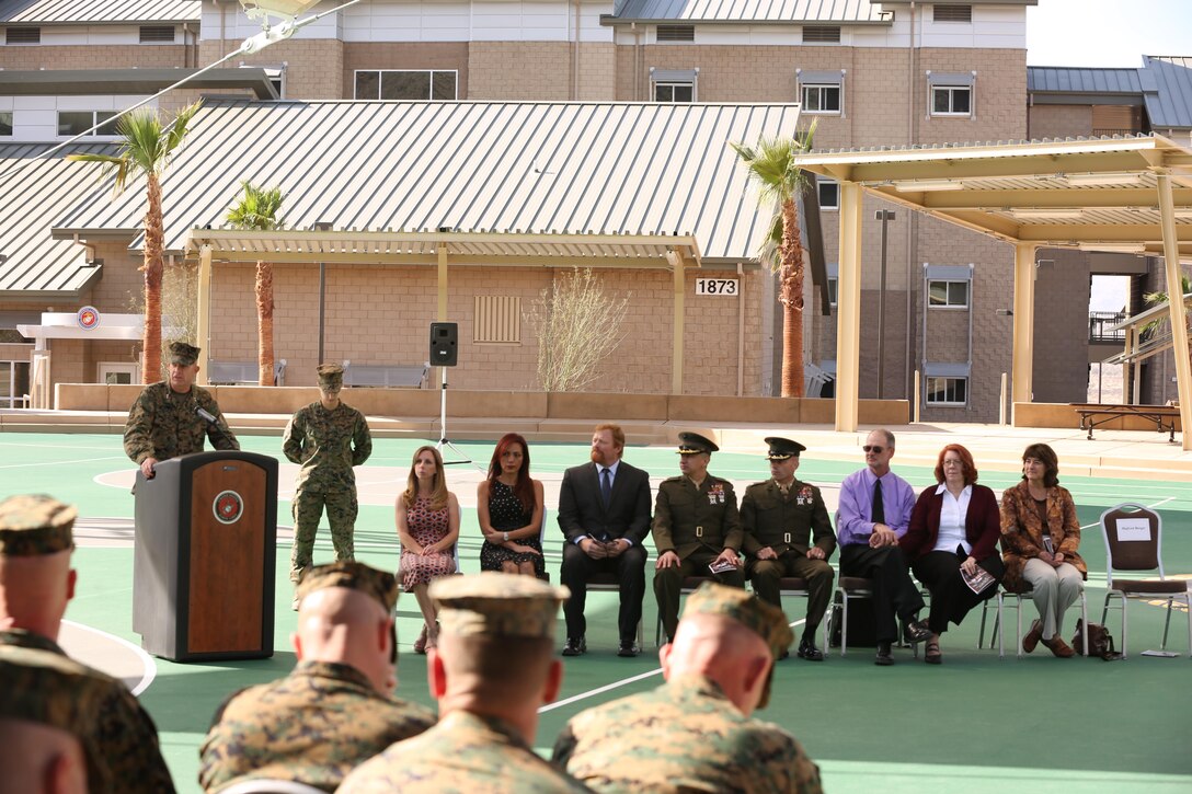Major Gen. David H. Berger, Commanding General, Combat Center,  makes his remarks during the dedication ceremony of the Cpl. Jason L. Dunham Memorial Mess Hall Feb. 28.  In attendance were Dunham’s parents, Dan and Debra Dunham. 