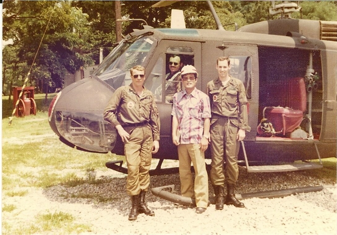 Retired Army Lt. Col. Edward S. (Sid) Chambers, Jr, pictured in the UH-1H Huey helicopter with fellow Soldiers and district engineer.