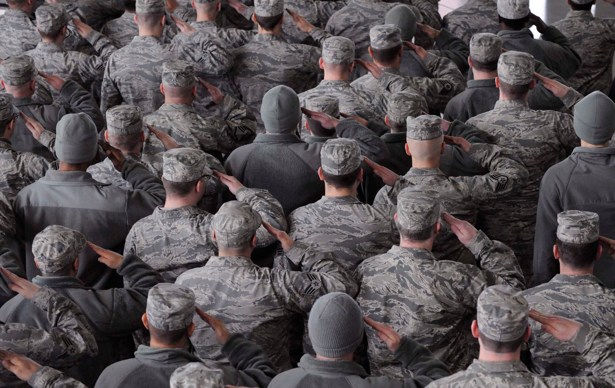 366th Fighter Wing Airmen salute during the national anthem at a change-of-command ceremony, Feb. 18, 2014, at Mountain Home Air Force Base, Idaho. Col. Dave Iverson assumed command from Col. Chris Short. (U.S. Air Force photo by Senior Airman Caitlin Guinazu/RELEASED)
