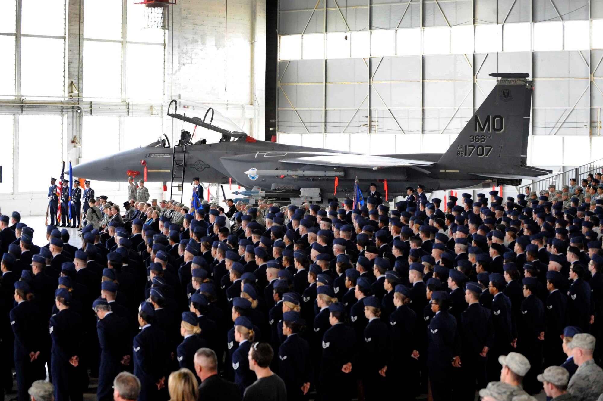 Members of the 366th Fighter Wing stand at parade rest during a change-of-command ceremony, Feb. 18, 2014, at Mountain Home Air Force Base, Idaho.  Upon assuming command of the 366th FW, U.S. Air Force Col. Dave Iverson will be responsible for a wing that is comprised of 4,200 military and civilian members. (U.S. Air Force photo by Senior Airman Caitlin Guinazu/RELEASED) 