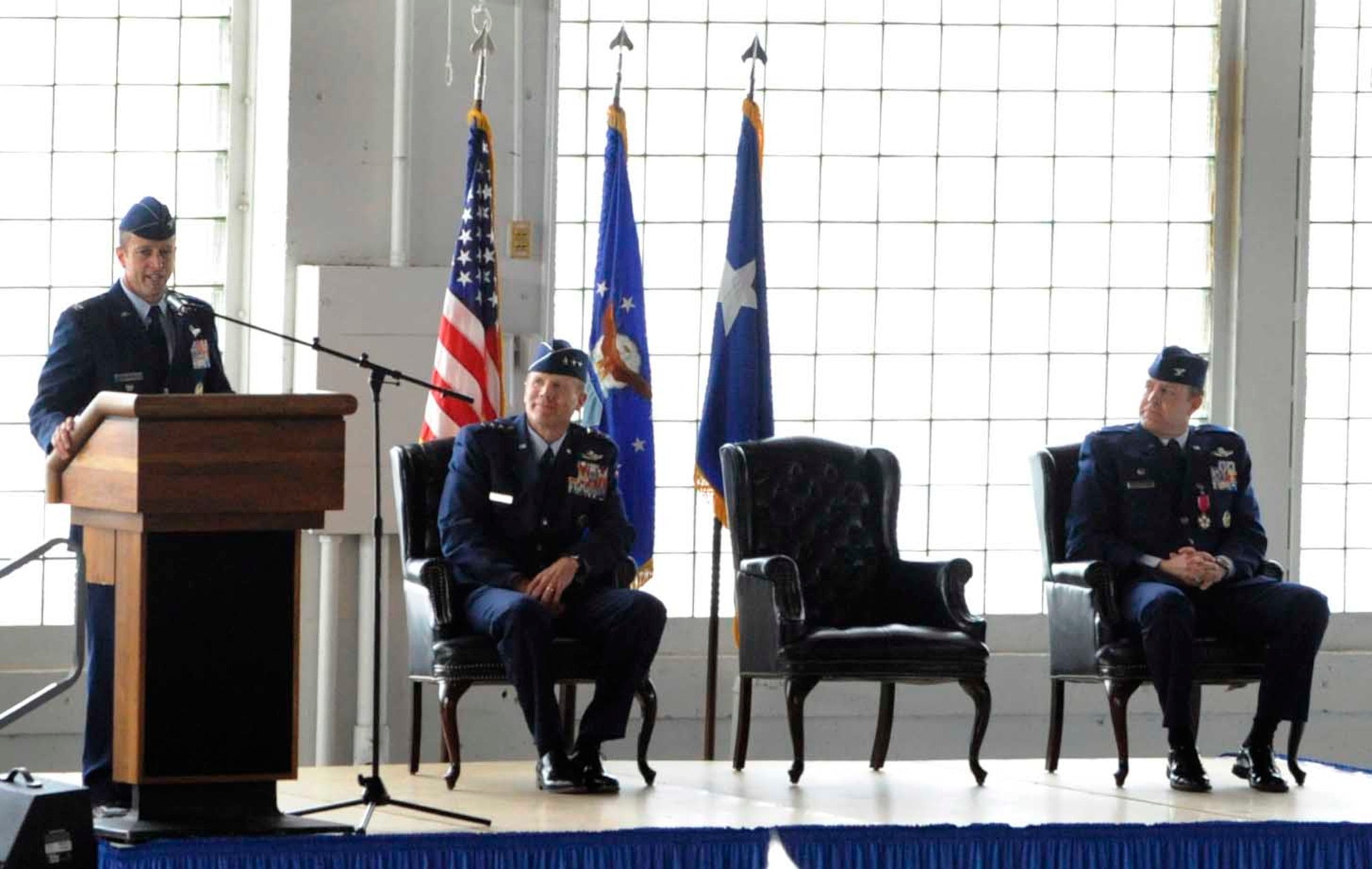 U.S. Air Force Col. Dave Iverson, 366th Fighter Wing commander, addresses Gunfighters during a change-of-command ceremony, Feb. 18, 2014, at Mountain Home Air Force Base, Idaho. Iverson assumed command of the 366th FW from Col. Christopher Short. (U.S. Air Force photo by Senior Airman Caitlin Guinazu/RELEASED)

