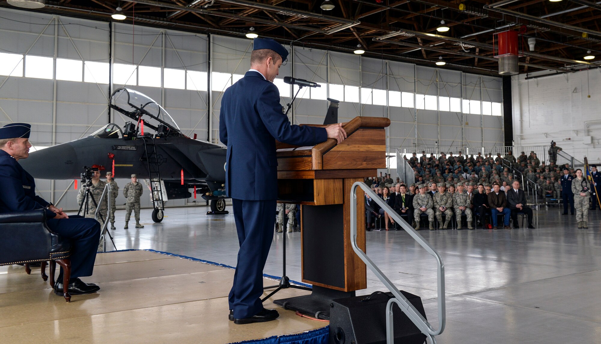 Col. Dave Iverson speaks to the 366th Fighter Wing during a change-of-command ceremony at Mountain Home Air Force Base, Idaho, Feb. 18, 2014. Iverson assumed command of the 366th FW from Col. Christopher Short. (U.S. Air Force photo by Master Sgt. Kevin Wallace/RELEASED)
