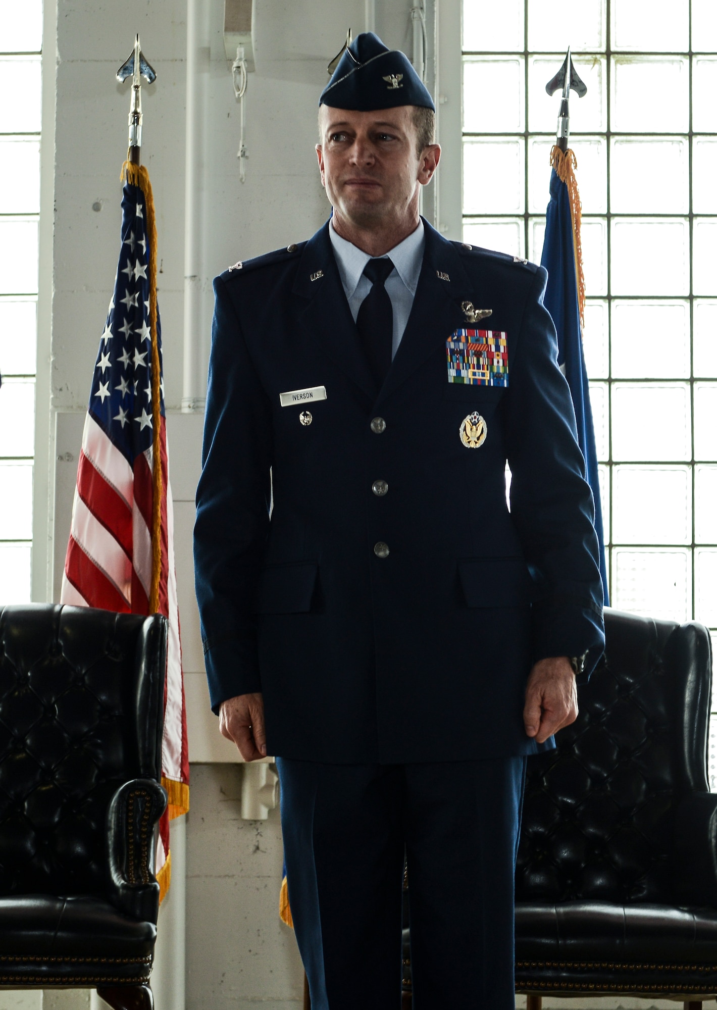 U.S. Air Force Col. Dave Iverson, 366th Fighter Wing commander, stands during a change of command ceremony Feb. 18, 2014, at Mountain Home Air Force Base, Idaho. More than 200 members of the 366th FW witnessed the ceremony. (U.S. Air Force photo/ Airman 1st Class Malissa Lott/RELEASED)