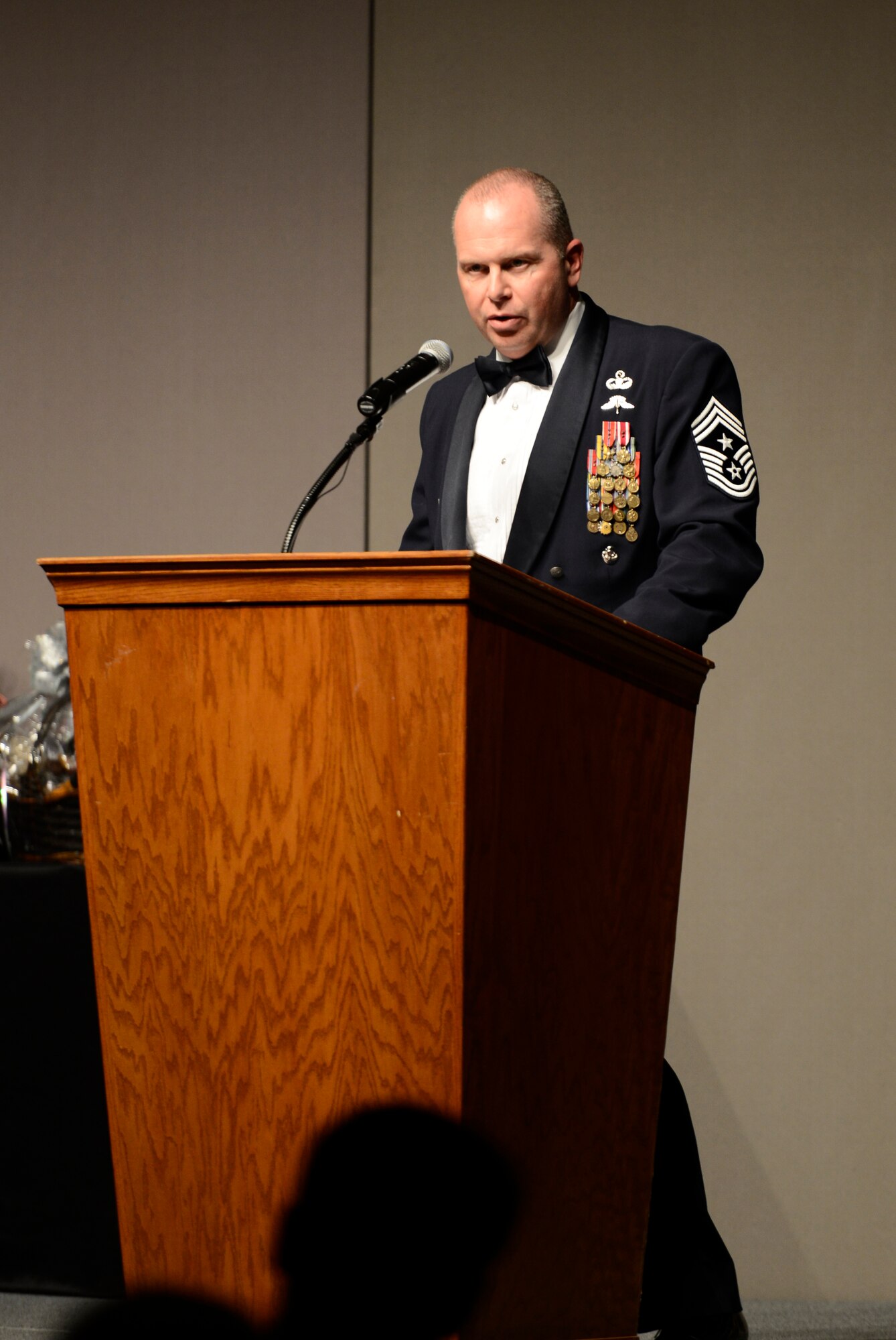 Chief Master Sgt. James W. Hotaling, Command Chief Air National Guard addresses members attending the 5th annual Washington Air National Guard Awards ceremony at the Spokane Convention Center, Spokane, Wash., Feb. 8, 2014. Hotaling was the evening's keynote speaker for the ceremony that honored the Washington Air National Guards Best for 2013. (U.S. Air National Guard Photo by Master Sgt. Michael Stewart/Released)